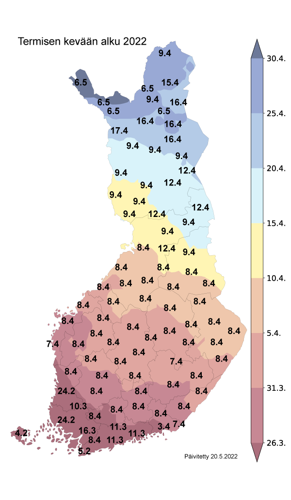 Termisen kevään alkupäivämäärät 2022 kartalla.